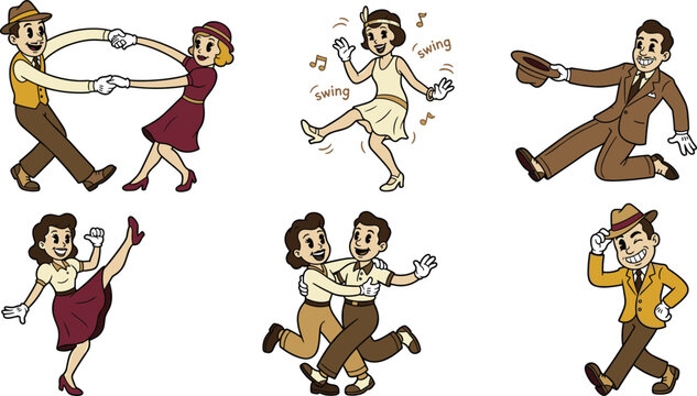 Retro Vintage Swing Dance Character Set with Couples, Flapper Girl, and Jazz Era Poses for Music and Dance Designs