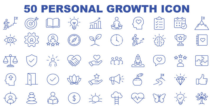 Personal Growth icon set. Containing self improvement, skill development, motivation arrow, human mind, success level, and more. Editable stroke. Vector illustration