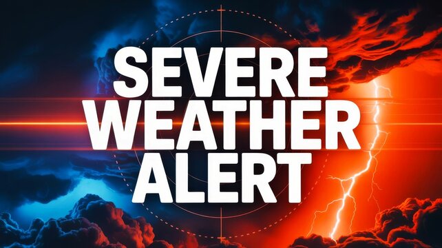 A vibrant, graphic depiction of a severe weather alert, featuring dramatic clouds and lightning, emphasizing the urgency of weather warnings.