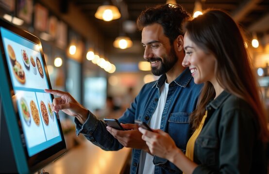 Man and woman smile choosing food from digital screen menu. Couple uses touch kiosk ordering meal, holding phones and credit card for payment. Happy customers at restaurant counter.
