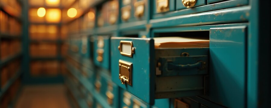 Open teal filing cabinet drawer with gold accents. Office archive setting, warm lighting illuminates rows of paper records. Information storage, data management, history, and organization concepts.