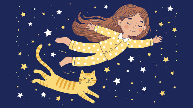 Adorable bedtime fantasy scene with girl and flying cat among stars in simple children vector style