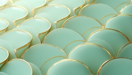Fototapeta premium Soft mint green abstract organic shapes overlap with gold trim. Gentle pastel texture forms smooth wavy layers creating calming visual rhythm. Elegant background design.
