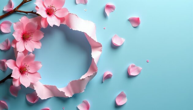 Pink cherry blossoms and petals scattered on robin egg blue surface. Torn pink ribbon frame adds delicate beauty. Springtime bloom celebration backdrop.