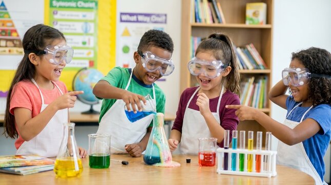Diverse group of elementary school children excitedly performing a colorful science experiment in a classroom laboratory setting