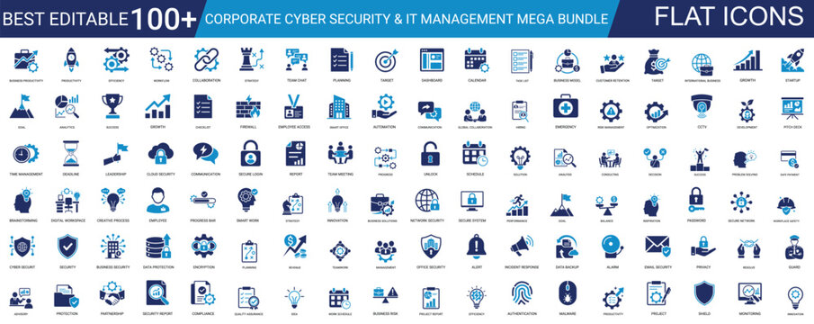corporate cyber security and it management mega solid icons bundle. security, protection, management, cybersecurity, strategy, technology, tech, data, enterprise, it, system. editable vector. 