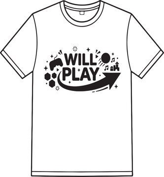 Generative AI illustration of a minimalist t-shirt vector template with WILL OLAY typography gaming controller and music notes print isolated on a white background