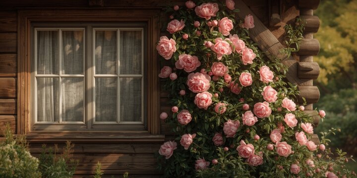 Wooden country house with white window insect net and fresh pink peony floral display