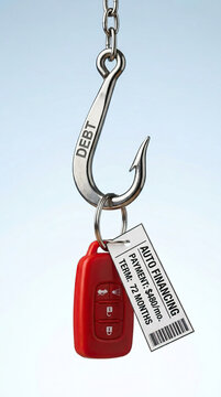 Debt concept with metal fishhook holding red car key and financing tag symbolizing life cycle of investing and cost of long term financial commitment