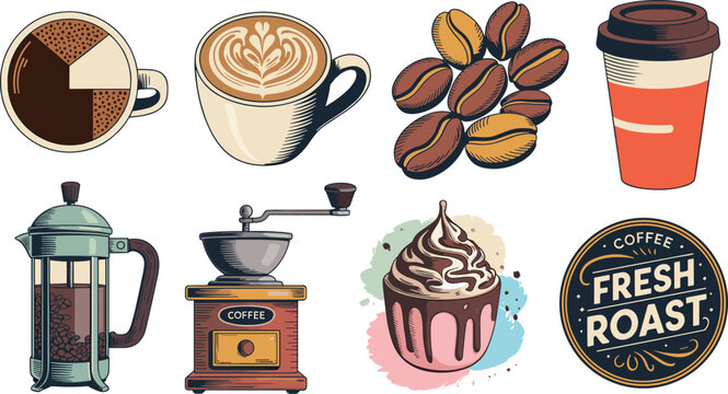 Retro coffee shop vector illustration collection featuring latte art coffee beans french press manual grinder and cafe branding icons