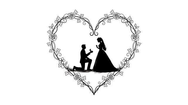 Adobe Illustrator ArtworkSilhouette of Man Proposing Marriage to Woman Inside Heart Shape Frame