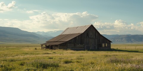 Fototapeta premium Rustic western barn set on a vast plain with striking mountain views and bright sky