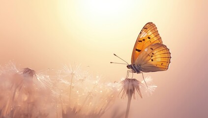Naklejka premium Sunlit pastel background featuring morpho butterfly and shimmering dew on dandelion seeds copy space