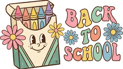 Obraz premium Hand Drawn Retro Groovy Crayon Character Outline Featuring Floral Element and Happy Smiley Face for Back to School Education Design Isolated on White Background Illustration