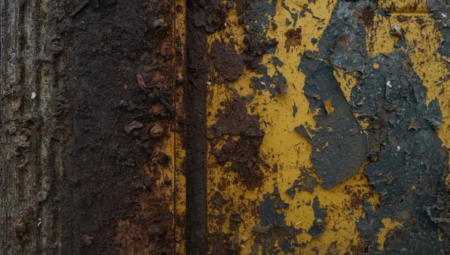 rusted iron surface with deteriorated yellow and black paint texture background