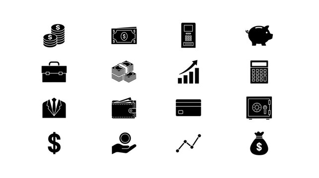 Adobe Illustrator ArtworkFinance and business growth icons set on dark background with flat design style