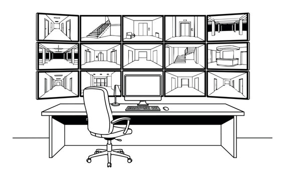 Centralized security monitoring system with screens showing various interior locations, emphasizing control, safety, and surveillance concepts