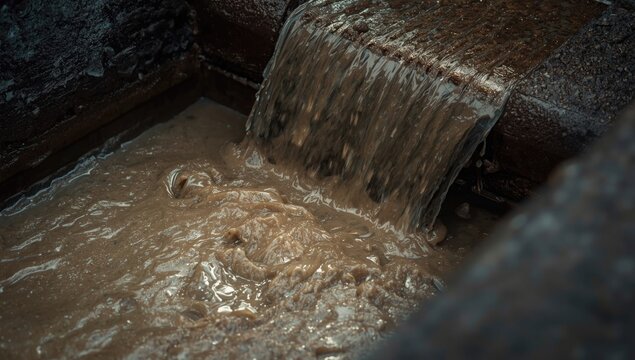 Storm drain releasing opaque muddy slurry into creek