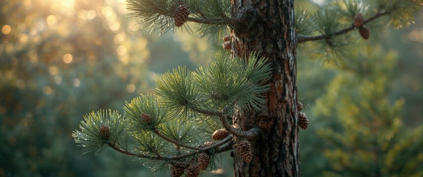 Summer sunlight highlighting pine cones and green needles on branches with copy space