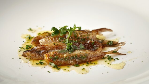Succulent marinated anchovies garnished with parsley and light olive oil and vinegar drizzle on white surface