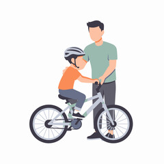 Naklejka premium A parent helps a child learn to ride a bicycle on a white background