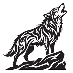 Fototapeta premium Stylized black wolf howling on rocky outcrop with tribal design elements in a graphic illustration