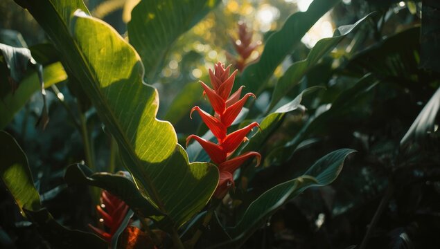 Rich green leaves framing radiant red Acalypha hispida flowers in a tropical plant collection