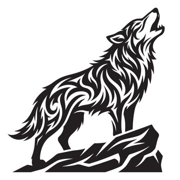 Stylized black wolf howling on rocky outcrop with tribal design elements in a graphic illustration