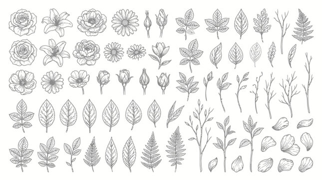 Collection of botanical leaves and foliage sketches.