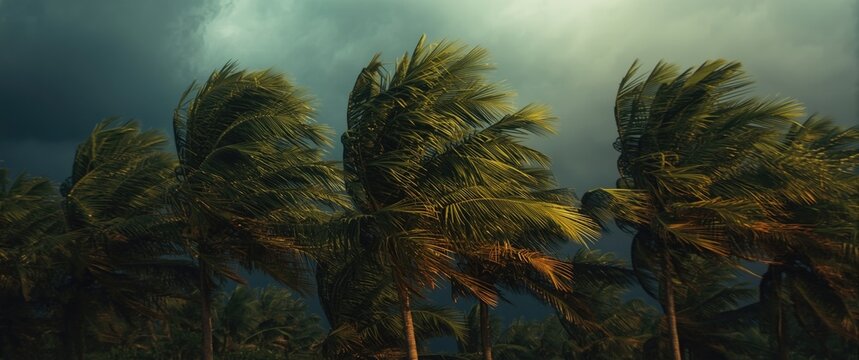 Powerful stormy cyclone buffeting green palm trees