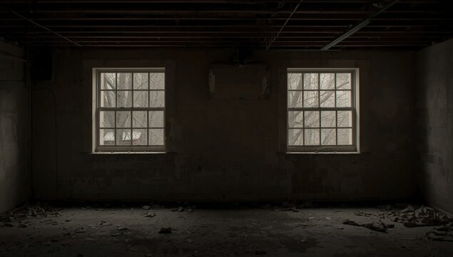 Interior view of unoccupied basement with paired windows and surrounding tree branches