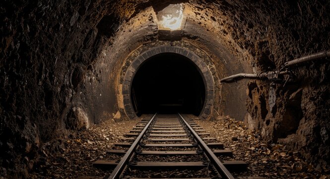 Underground gold mine shaft with railway track and copy space