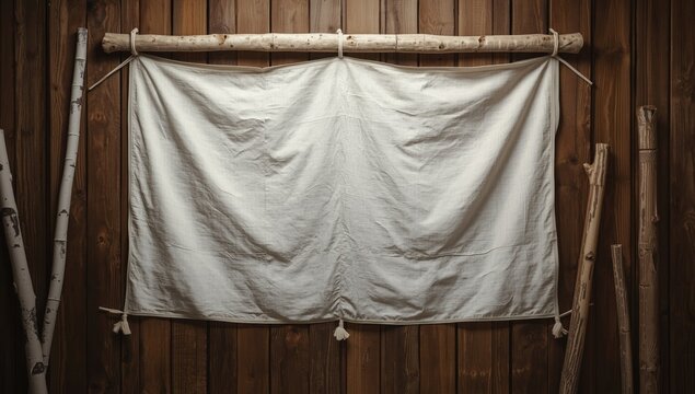 Vintage inspired banner on wooden wall with white fabric and birch log arrangement