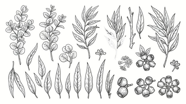 Collection of detailed botanical plant sketches and leaves.