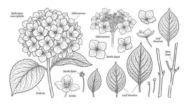 Detailed Botanical Illustration of Plant Leaves and Buds.