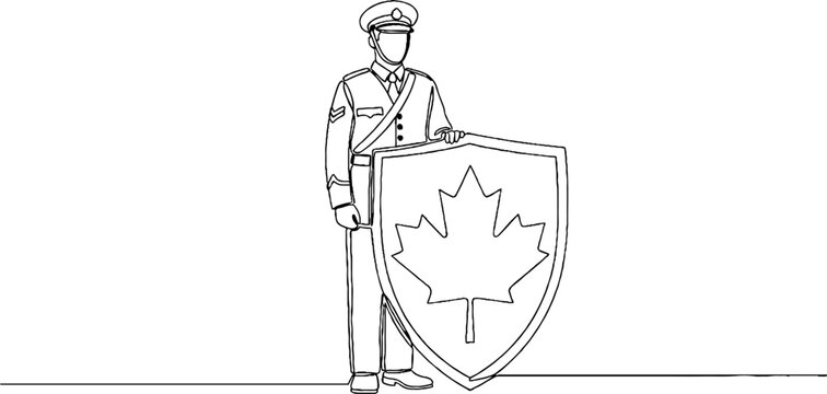 Uniformed guard holding large maple leaf shield illustration.