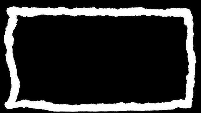 Rough white hand drawn rectangular frame isolated on a solid deep black background texture