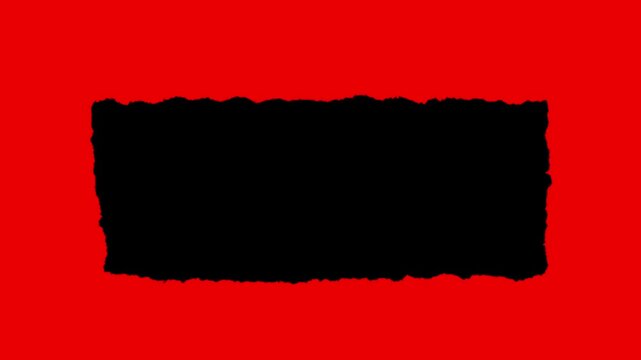 Distressed rectangular paper cutout shape with rough edges on a solid bright red background layer