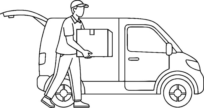 Delivery worker carrying package to small van outside.