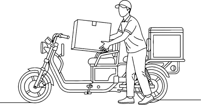 Delivery worker loading package onto electric cargo motorcycle.