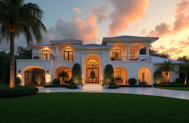 Fototapeta premium Luxurious white villa exterior at sunset Florida. Elegant mansion with manicured lawn, palm trees, glowing windows and arched entries. Opulent residence architecture.