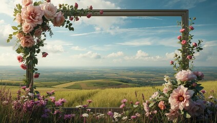 Fototapeta premium Landscape frame blank mockup adorned with flowers and copy space for text