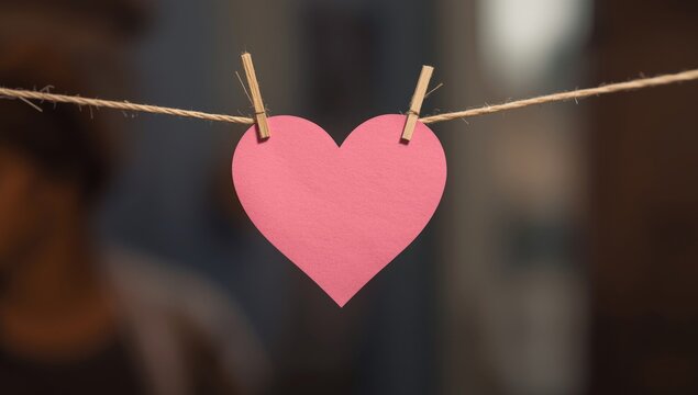 Pink paper note cut in heart shape hanging on string with copy space