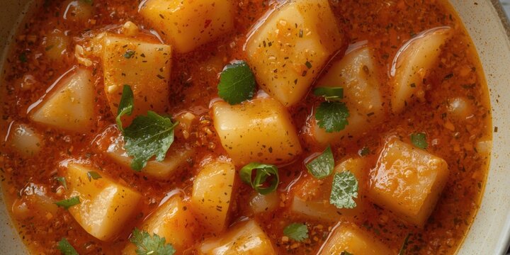 Vibrant fruit pieces combined in a traditional peanut sauce for a spicy Rujak dish