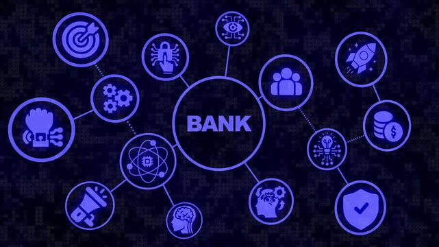 Digital banking ecosystem infographic with connected financial technology