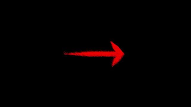 Hand drawn red arrow pointing right with scribble texture on a solid black background