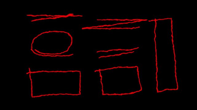 Hand drawn red scribble shapes and geometric outlines isolated on solid black background
