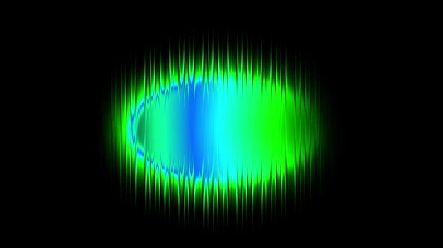 Abstract glowing neon green and blue elliptical light wave pattern on deep black background