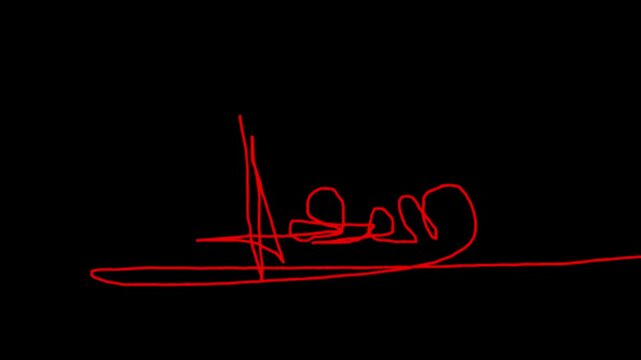 Abstract red scribble signature or calligraphic line isolated on deep black background