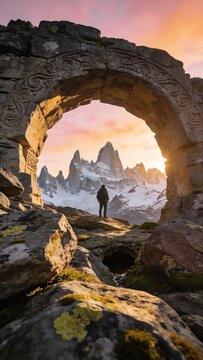 Generative AI captures a lone hiker exploring a majestic mountain arch during sunset